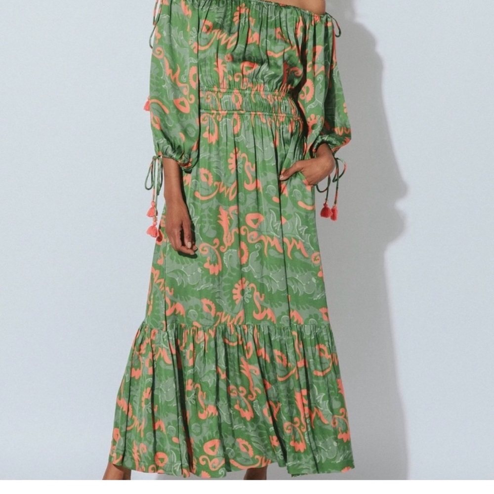 Cleobella Green and Coral Off-Shoulder Long Sleeve Maxi Dress
